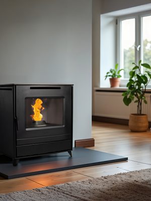 Modern living room features stylish stove with flames, pellets. Cozy atmosphere with warm fire, comfortable furniture. Interior design, modern style. Home comfort, warmth. Wood burning stove provides